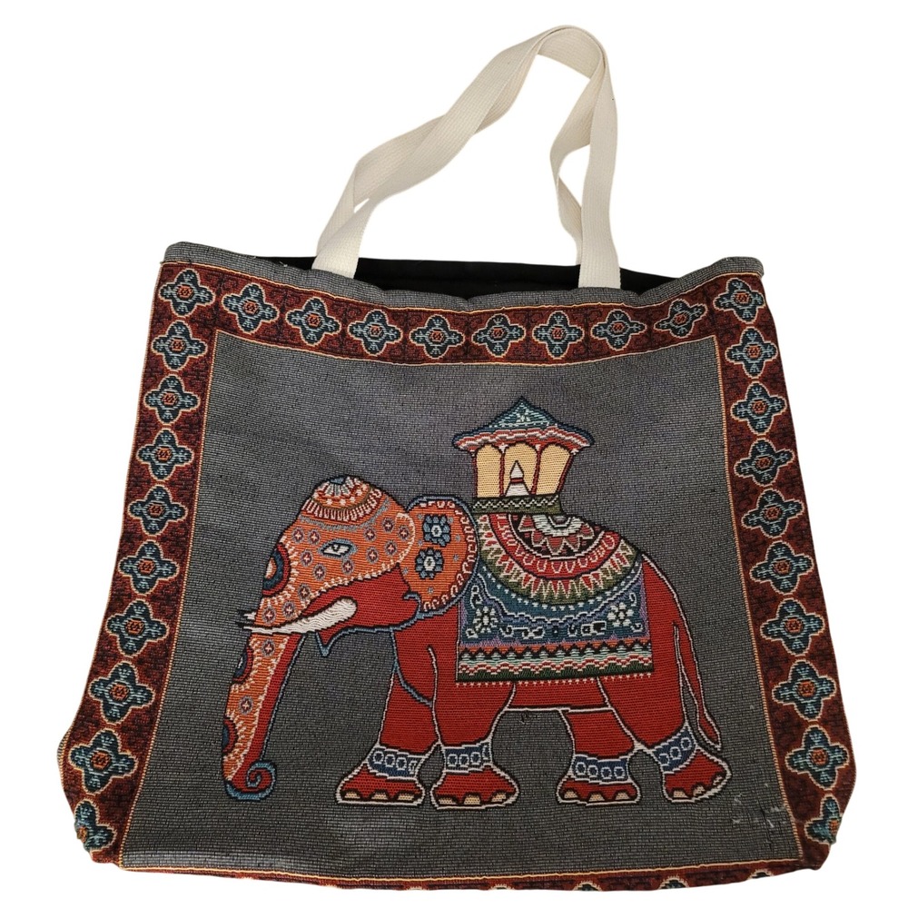 Thai Woven Tapestry Elephant Tote Bag Gray Red Boho Shoulder Bag Zipper Closure